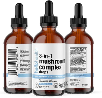 8-in-1 Mushroom Supplement Drops – Nootropics Brain Support Supplement Liquid Mushroom Complex with Lions Mane, Turkey Tail, Reishi & Shiitake Mushrooms Extract for Energy & Immune Support 2 Oz