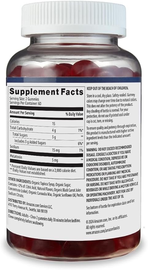 Amazon Basics Melatonin, Sleep Support Gummies, Strawberry Flavor, 5mg, 120 Count (Previously Solimo)