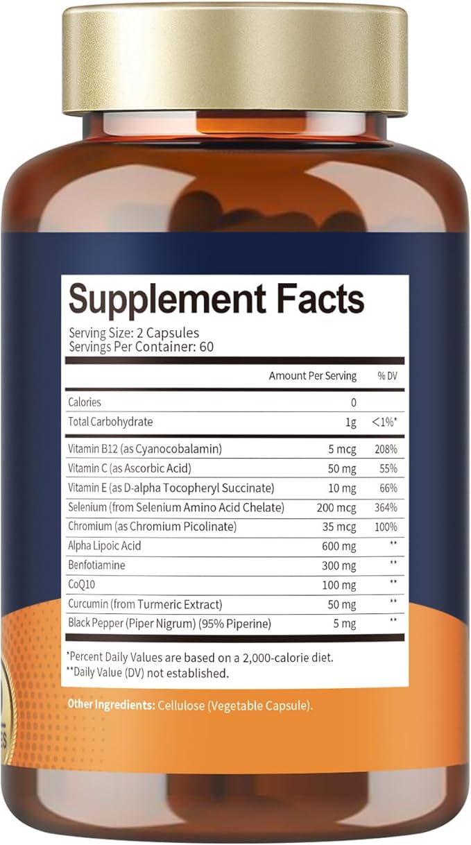 Alpha Lipoic Acid 600mg with Benfotiamine 300mg - ALA Supplement for Neuropathy Support Nerve Health & Antioxidant, Cell Energy, Metabolism and Anti-Aging, Non-GMO, Gluten Free, Vegan 120 Counts