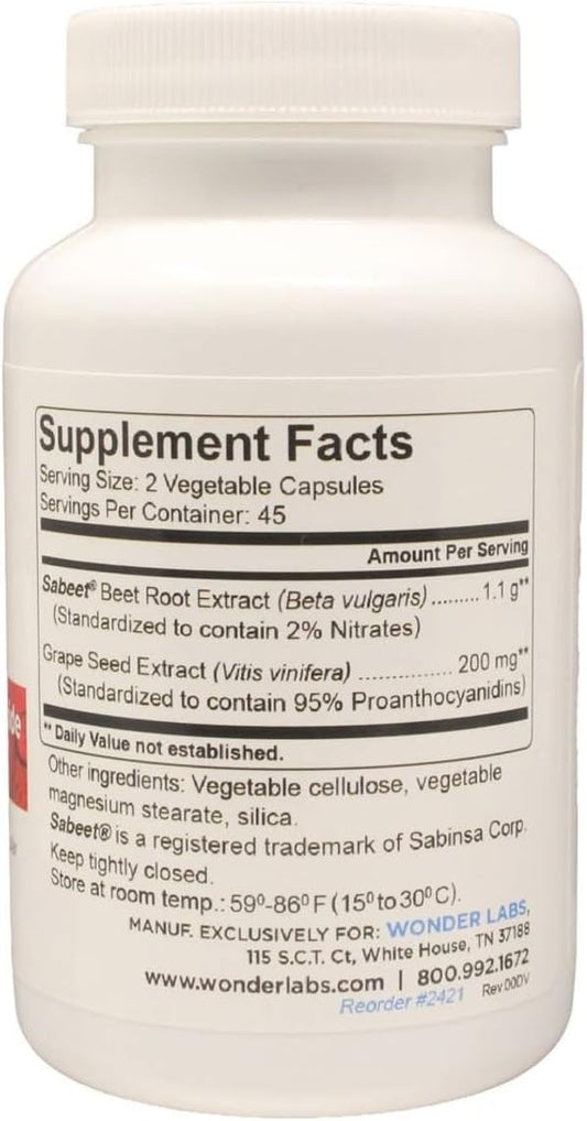 Wonder Beet Beet Root Capsules 1100mg, Standardized to 2% Nitrates, Helps Support Nitric Oxide Production, Blood Pressure, Heart Health, Contains Non-GMO Beetroot Powder and Grape Seed Extract (180)