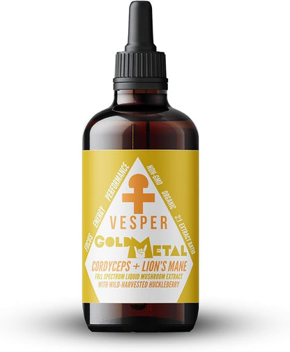 Vesper Gold Metal Mushroom Liquid Extract - Cordyceps & Lion’s Mane Blend with Wild Huckleberries for Neurogenesis, Performance, and Energy, USA-Grown, for Focus & Endurance – 4oz