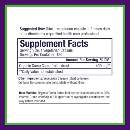 Paradise Herbs, Organic Camu Camu Extract, 400 mg, Rich in Vitamin C, Pure & Potent, Gluten Free, Non-GMO, Vegan, 180 Vegetarian Capsules