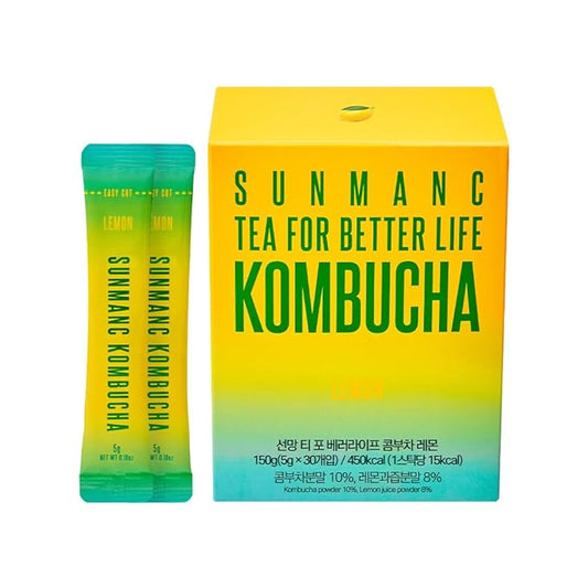 SUNMANC Kombucha 30 packets, Sparkling Probiotic Fermented Drink, Convenient Powdered Drink Mix, Tea Powder, Low Calories, Sugar 0g, Low Caffeine (Lemon)