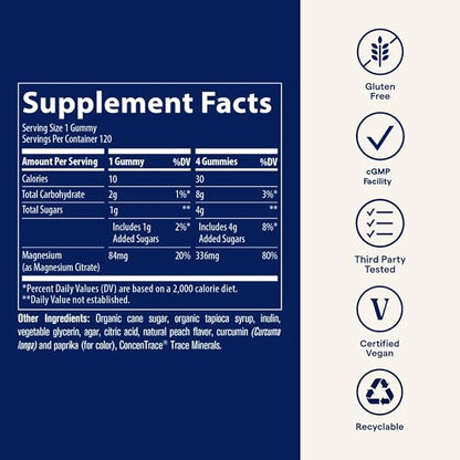 Trace Minerals Magnesium 84mg - Chewable Magnesium Supplement for Bone & Heart Health Support - Immune System Support - Aids Relaxation & Healthy Sleep - Peach, 120 Gummies (120 Servings)