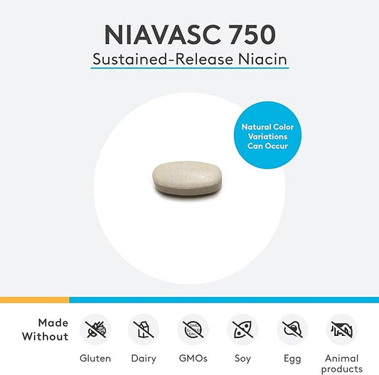 XYMOGEN NiaVasc 750 - Sustained-Release Niacin for a Lesser Flushing Effect - Supports The Maintenance of Healthy Blood Lipids (60 Time-Release Tablets)