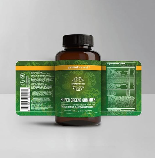 Primal Harvest Super Greens Gummies, Superfood Blend with Adaptogenic Mushrooms Vitamins & Nutrient-Rich Minerals & Antioxidants for Energy & Immune Support (1 Pack (60 Count), Berry)