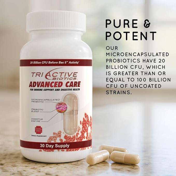 TriActive Biotics Advanced Care - 20 Billion CFU Probiotics for Digestive Health, Immune Support Supplement, Microencapsulated Probiotics for Women & Men, 30 Ct Capsules