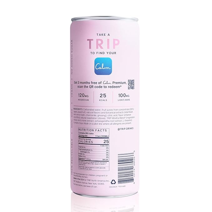 Trip Mindful Blend, Lightly Sparkling Adaptogen Seltzer, Mocktail w/ 120mg Magnesium Citrate with Ashwagandha, Lions Mane & L Theanine, No Added Sugar, Vegan, Elderflower Mint, 12 Oz, 12Pk