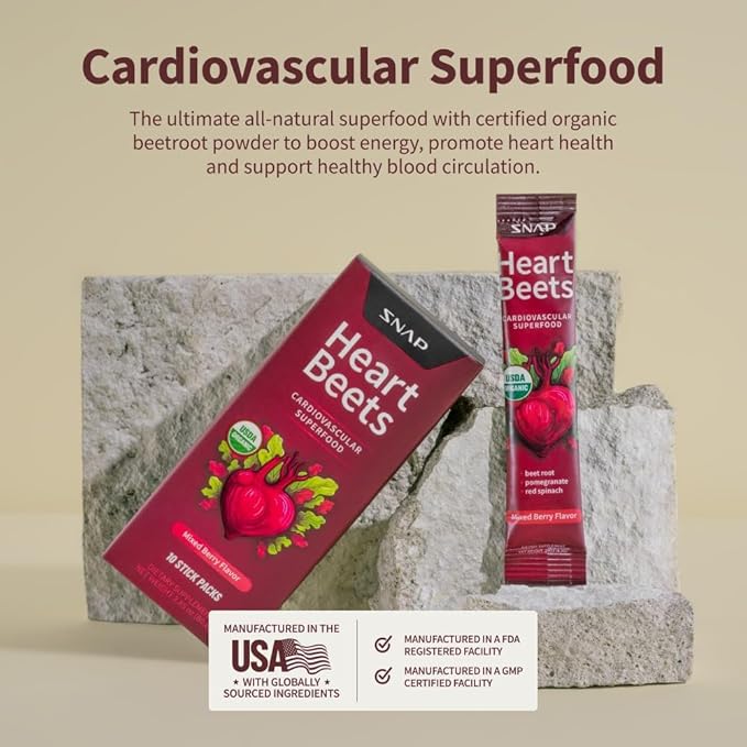 Snap Supplements Heart Beets Stick Packs, Organic Beet Root Powder Drink Mix, Cardiovascular Support for Men & Women, Beets, Pomegranate & Red Spinach, Nitric Oxide Booster, Mixed Berry, 10 Servings