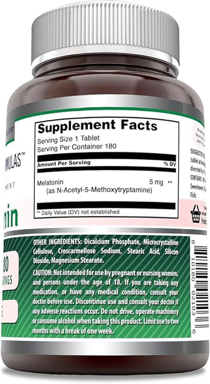 Amazing Formulas Melatonin Supplement | 5 Mg Per Serving | 180 Tablets | Non-GMO | Gluten Free | Made in USA | Pack of 2