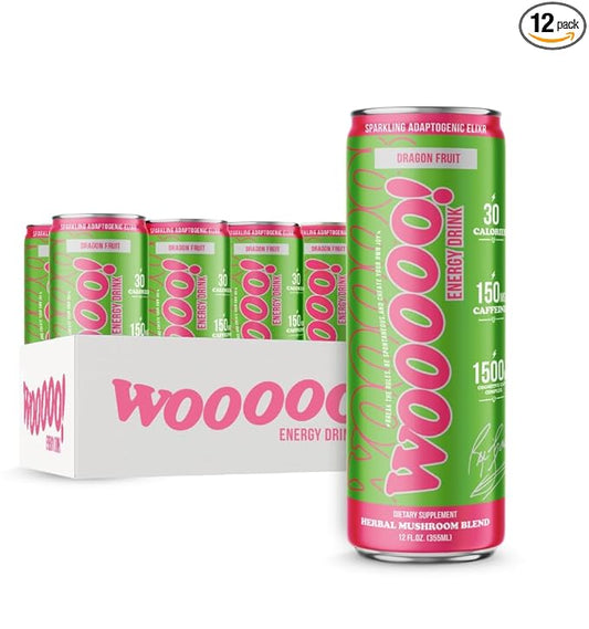 Wooooo! Energy Ric Flair Sparkling Adaptogenic Mushroom Energy Drink | Natural Antioxidants & Nootropics | Lion’s Mane & Cordyceps | 150mg Caffeine | 12 Pack (Dragon Fruit)