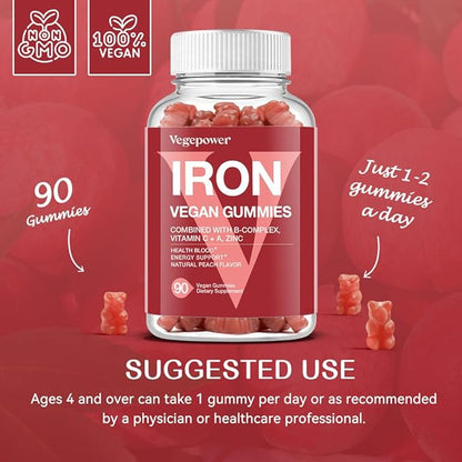 Vegan Iron Gummies Supplement - Multivitamin Supplement with Vitamin C, A, B & Zinc - Health Blood & Energy Support for Iron Deficiency, Anemia, No After Taste - Peach Flavor（2 Packs）