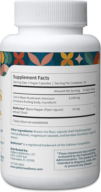 Pattern Wellness Lion’s Mane Mushroom – Supplement Capsules for Cognitive & Focus Support – Enhanced Absorption – 90 Vegan Capsules