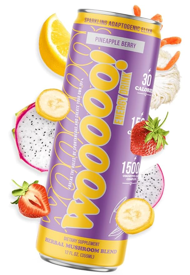 Wooooo! Energy Ric Flair Sparkling Adaptogenic Mushroom Energy Drink | Natural Antioxidants & Nootropics | Lion’s Mane & Cordyceps | 150mg Caffeine | 12 Pack (Pineapple Berry)
