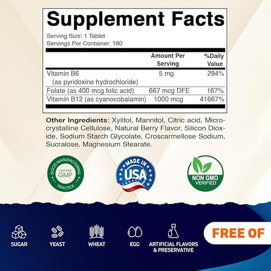 Vitamatic Folic Acid, Vitamin B12 & B6 – 180 Fast Dissolve Tablets Heart Health, Energy Production & Red Blood Cell Support