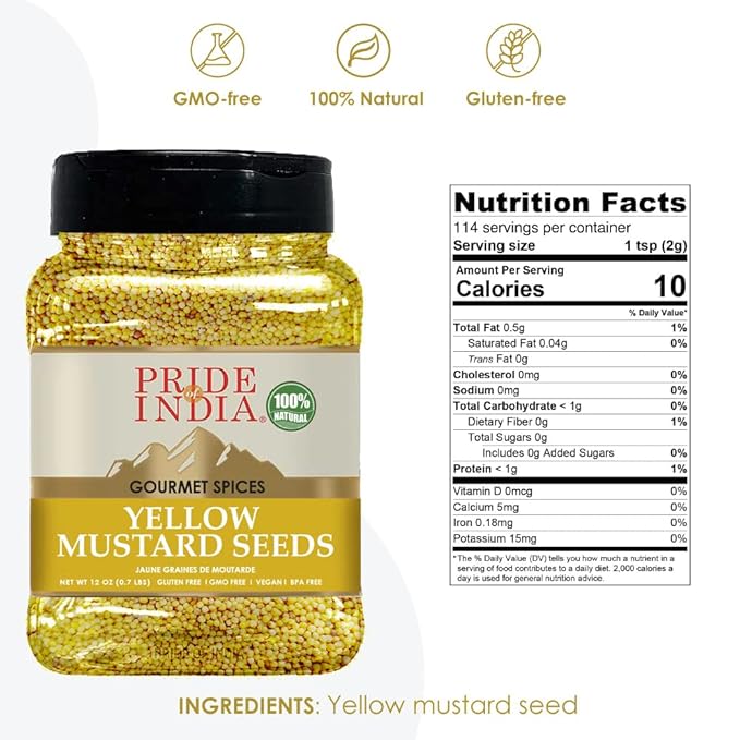 Pride Of India – Yellow Mustard Seed Whole – Pungent & Aromatic – Gourmet Indian Spice – Add in Salads/Dressings/Chicken/ Meat/Pickles – Easy to Store - 11 Oz (Pack of 1)