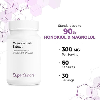 Supersmart - Magnolia Bark Extract (Max Strength) 300mg per Day - 90% Honokiol & Magnolol - Magnolia Bark Supplement | Non-GMO & Gluten Free - 60 Vegetarian Capsules