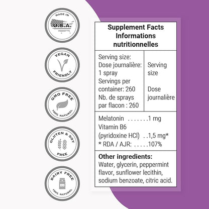 Supersmart - Melatonin Spray 1mg per Day (Fast Action & Timed Release) - Natural Pepper Mint Flavor - Melatonin Spray for Sleep | Non-GMO & Gluten Free - 60 ml