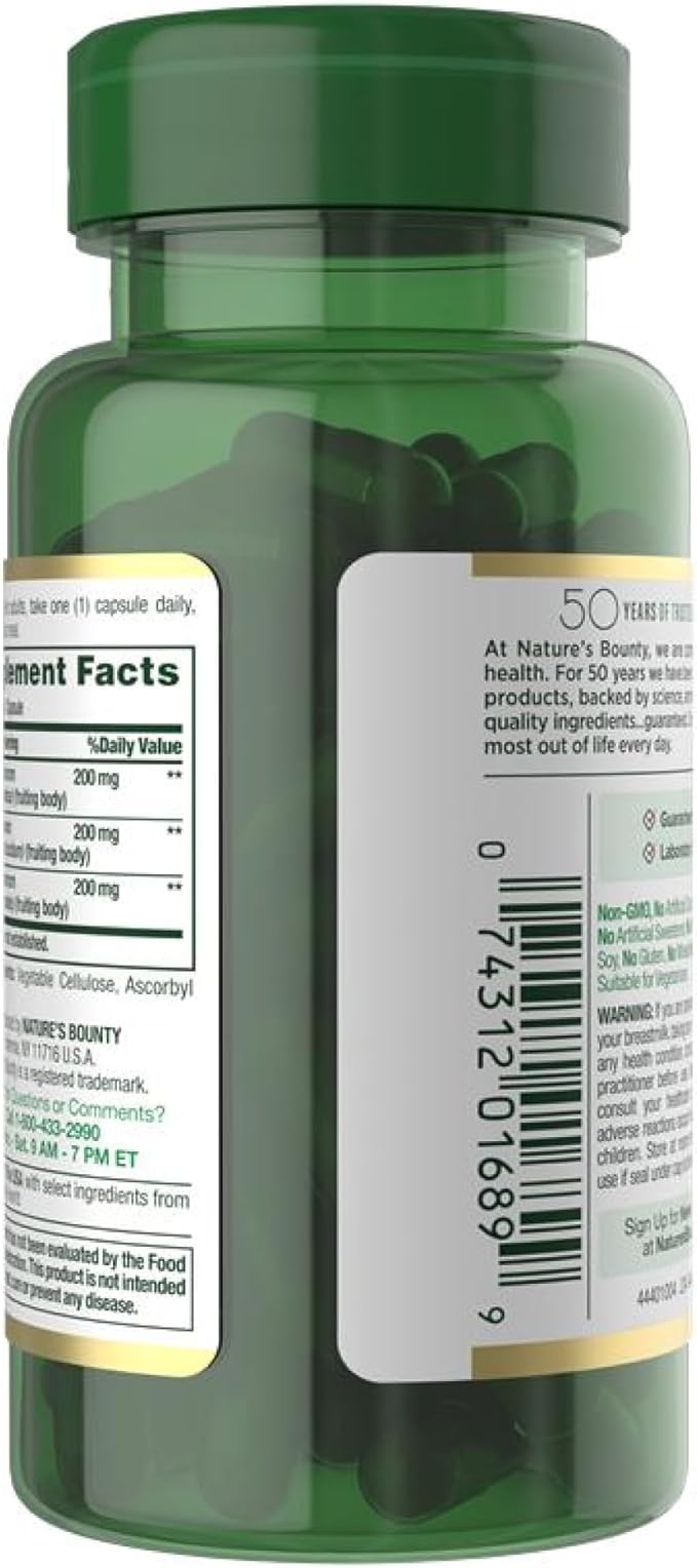 Nature's Bounty Mushroom Complex for Immune Support, Featuring Shiitake, Maitake and Reishi Mushroom – Health Supplements, 60 Capsules