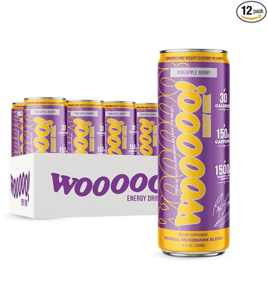 Wooooo! Energy Ric Flair Sparkling Adaptogenic Mushroom Energy Drink | Natural Antioxidants & Nootropics | Lion’s Mane & Cordyceps | 150mg Caffeine | 12 Pack (Pineapple Berry)