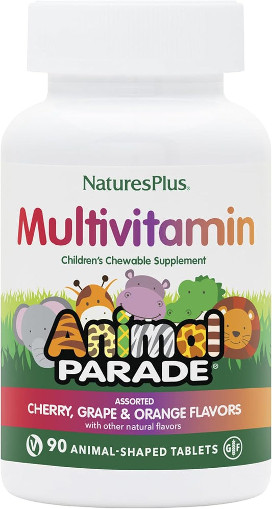 Natures Plus Animal Parade Children's Chewable Multivitamin - 90 Animal-Shaped Tablets, Pack of 2 - Natural Assorted Flavors - Vegan, Gluten Free - 90 Total Servings