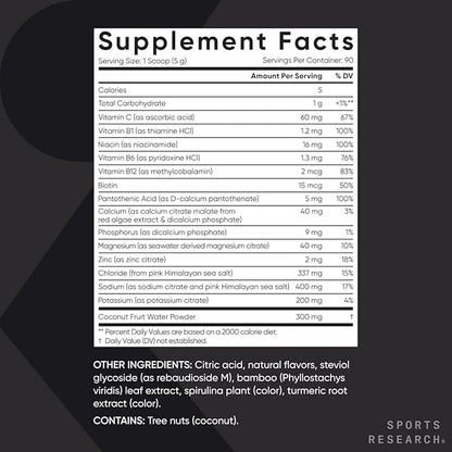 Sports Research® Hydrate Electrolytes Powder - Sugar-Free & Naturally Flavored with Vitamins, Minerals, and Coconut Water - Supports Hydration - Lemon Lime - 90 Servings