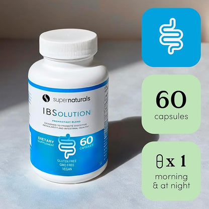 SuperNaturals IBSolution - Made in USA, Non-GMO, Gluten Free & Vegan (60 Capsules) - for Symptoms of IBS (Bloating, Constipation, Gas, Diarrhea, Abdominal Pain)