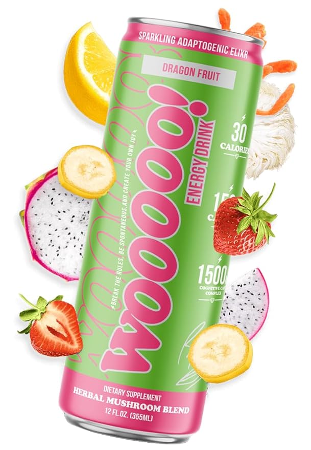 Wooooo! Energy Ric Flair Sparkling Adaptogenic Mushroom Energy Drink | Natural Antioxidants & Nootropics | Lion’s Mane & Cordyceps | 150mg Caffeine | 12 Pack (Dragon Fruit)