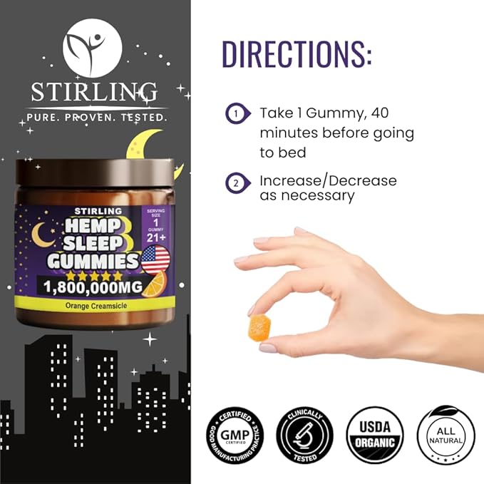 STIRLING Sleep Gummies 1800000mg - Organic Hemp Sleep Gummies for Adults - Maximum Strength Sleep Gummies with Orange Creamcicle Flavor - Premium Hemp Sleep Gummies for Restful Nights