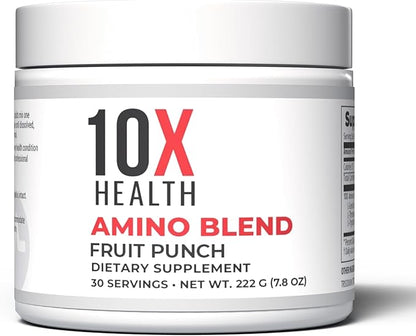 10X Health Amino Blend Pre Workout Powder for Men - Fruit Punch Flavor - EAA & BCAA Powder Amino Acids Supplement for Energy, Muscle Strength & Performance – Pre and Post Workout - 30 Servings