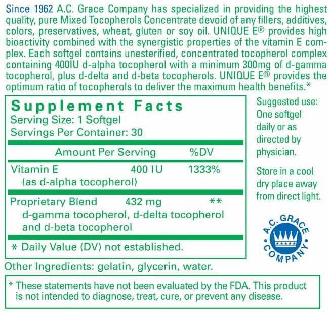 UNIQUE E A.C. Grace Company, Mixed Tocopherols Concentrate Softgels, 30 Count