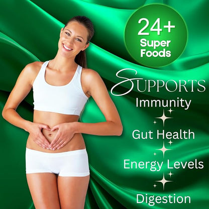 Super Greens Powder with 24+ Superfoods, Premium Nutrient-Dense Blend, Promotes Immunity & Energry Levels, Supports Disgestion & Gut Health, Apple Cinnamon Flavor, 9.6 oz