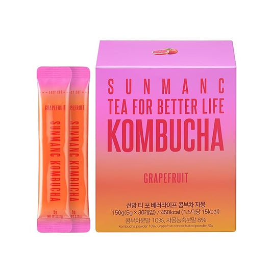 SUNMANC Kombucha 30 packets, Sparkling Probiotic Fermented Drink, Convenient Powdered Drink Mix, Tea Powder, Low Calories, Sugar 0g, Low Caffeine (Grapefruit)