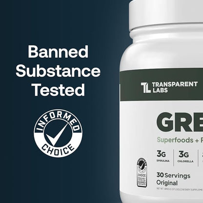 Transparent Labs Prebiotic Greens - Superfood Powder & Antioxidants Supplement with Organic Spirulina, Chloerra, Acacia, & Green Banana Powder - 30 Servings, Unflavored