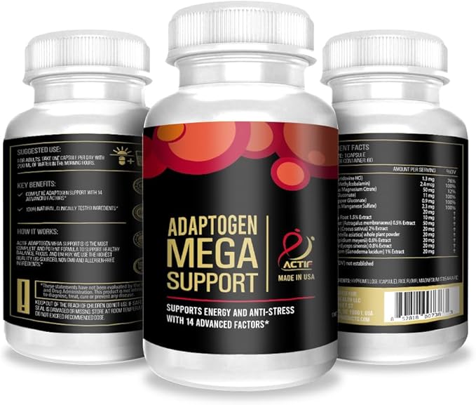 ACTIF Adaptogen Mega Support with 14 Advanced Factors for Energy, Clarity and Daily Functions – Non-GMO, Fast-Acting, Made in USA, 60 Count