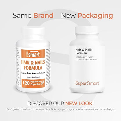 SuperSmart - Hair & Nails Formula - Patented Solubilized Keratine Supplement - with Biotin, Bamboo Extract, MSM, Cynatine HNS Keratin | Non-GMO & Gluten Free - 120 Vegetarian Capsules