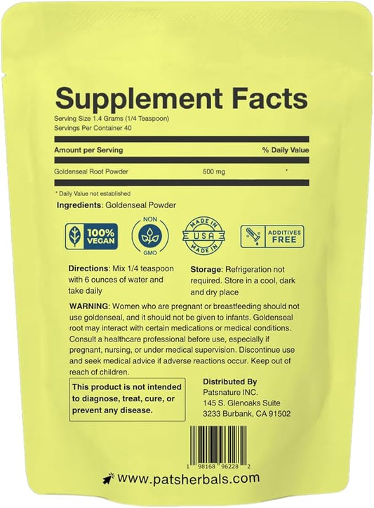 Pat's Herbals Goldenseal Root Powder - 2oz, USA Grown, Non-GMO | Pure Bright Yellow Root Powder