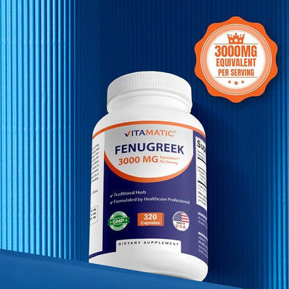 Vitamatic Fenugreek Capsules Extra Strength 3000 mg Equivalent Per Serving (from 10:1 Extract 300 mg) - Trigonella Foenum-Graecum - Methi Seeds Powder Pills - 320 Vegetarian Capsules