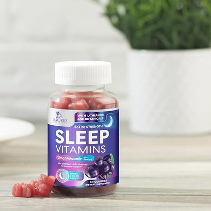 Sleep Gummies with Melatonin 12 mg - Extra Strength Sleep Vitamin Gummy, Natural Melatonin Gummy, Occasional Sleep Support Supplement for Adults, Vegan, Non-GMO, Gomitas para Dormir - 60 Gummies