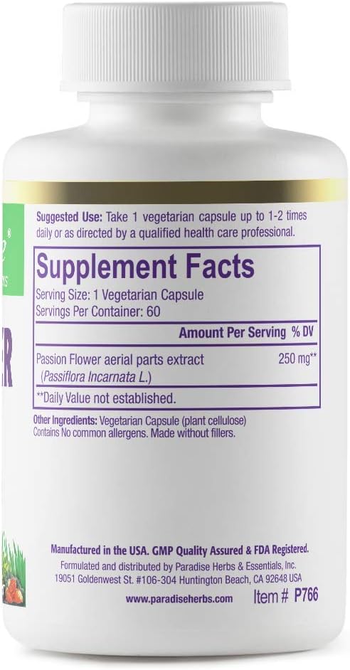 Paradise Herbs Passion Flower, Supplement for Relaxation, Super Potent, Ultra Pure, Vegan, Non GMO, Gluten Free, 60 Count Vegetarian Capsules