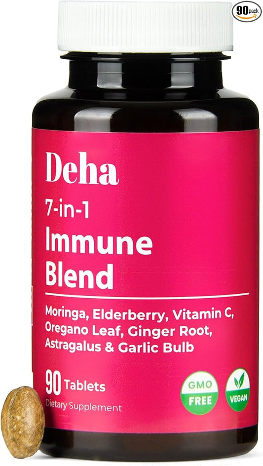 7-in-1 Immune Support Supplement Tablets Moringa Vitamin C Elderberry with Oregano Leaf, Ginger Root, Astragalus & Garlic Bulb Herbal Wellness - GMP Certified - Organic, Non-GMO, Vegan - 90 Count