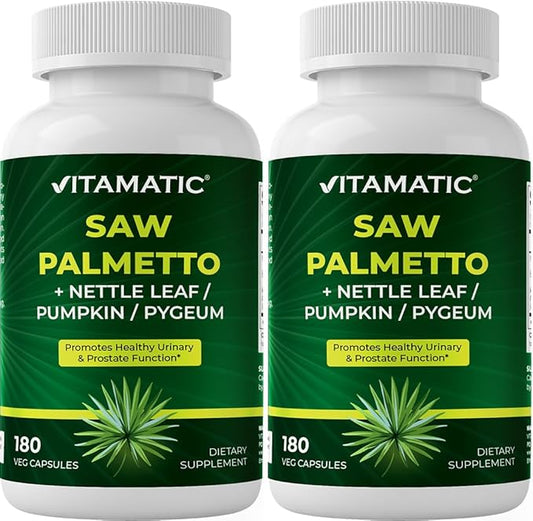 Vitamatic Saw Palmetto Extract for Men & Women 180 Veg Capsules - Made with Pumpkin Seed, Pygeum, Nettle Leaf - Made in The USA - Promotes Healthy Prostate Function-2 Pack