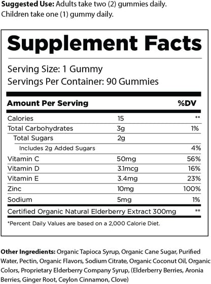 The Elderberry Co. Extra Strength Elderberry Gummies with Vitamins C, D,E and Zinc for All-Natural Immune Support, No Artificial Ingredients (90 Count)