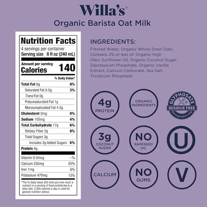 Willa's Organic Barista Oat Milk - Barista Blend Unsweetened Oatmilk and Creamer, Non-GMO, Shelf Stable, Low Sugar, Non-Dairy Milk, Made from Whole Grain Oats, For Foams and Froth, 32oz, Pack of 1