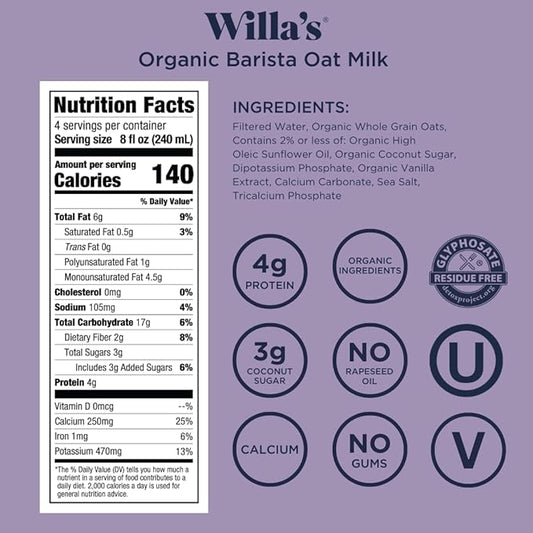 Willa's Organic Barista Oat Milk - Barista Blend Unsweetened Oatmilk and Creamer, Non-GMO, Shelf Stable, Low Sugar, Non-Dairy Milk, Made from Whole Grain Oats, For Foams and Froth, 32oz, Pack of 1
