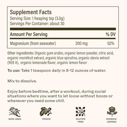 Wooden Spoon Herbs Magic Magnesium Citrate Powder Supplement | Anxiety & Stress Relief, Muscle, Bone, & Digestive Health, & Restful Sleep | Pleasant Lemonade Taste & Fun Spirulina Blue Color | 3.7oz