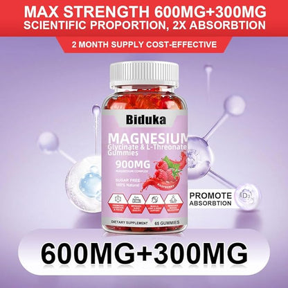 900mg Magnesium Complex 65 Raspberry Gummies, Sugar Free Magnesium Glycinate & L-Threonate Potassium Supplement with Vitamin D, B6, CoQ10 for Relaxation