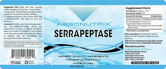 Absonutrix Serrapeptase Enzyme 583mg, 4 Fl oz, 250000 spu per Serving, 120 Servings, High Bioavailability, Quick Absorption, GMP-Certified, Non-GMO, Plant Based, Made in USA