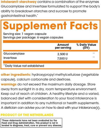 Starchway Digestive Enzymes - testpack 6 capsules | Supplement for Starch & Sucrose Intolerance | Helps Digest Sugars & Starchy Foods | Invertase & Gluco-Amylase Enzymes | Vegan | Low FODMAP