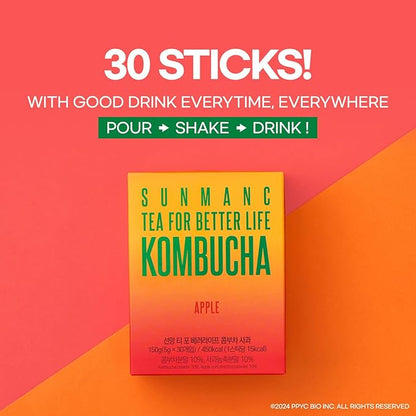 SUNMANC Kombucha 30 packets, Sparkling Probiotic Fermented Drink, Convenient Powdered Drink Mix, Tea Powder, Low Calories, Sugar 0g, Low Caffeine (Apple)